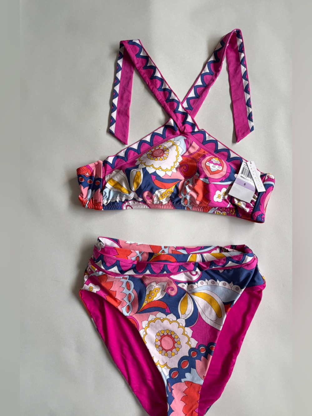 Pink Retro Floral Print Criss Cross Bandeau 2Piece Bikini Set Size 6 NWT